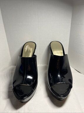Nine West Black Patent Peep-Toe Mule Heels